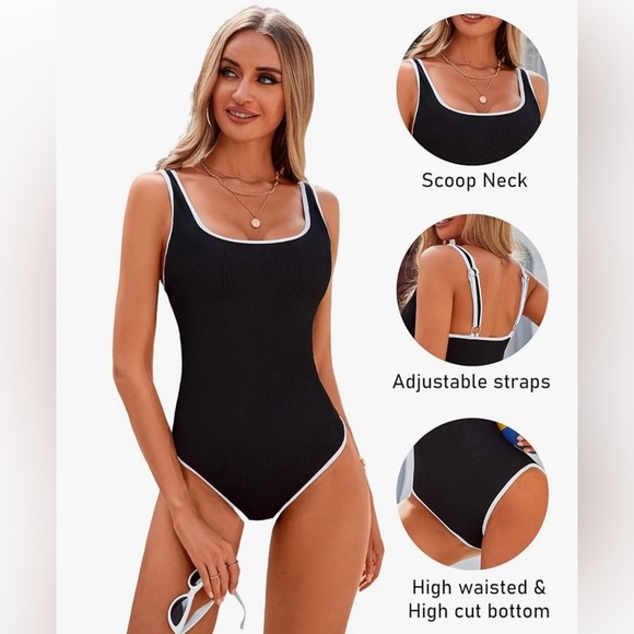 Black Ribbed One-Piece Swimsuit Size Large NWT - Picture 2 of 6